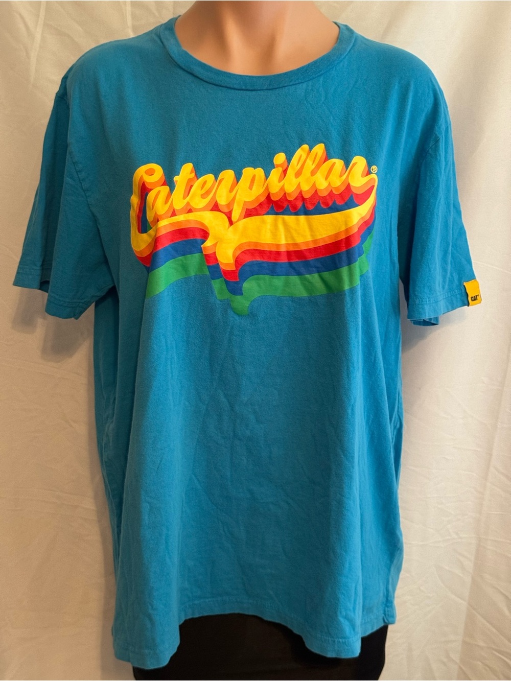 Caterpillar Bright Blue Tee with Retro Style Bright Logo Front